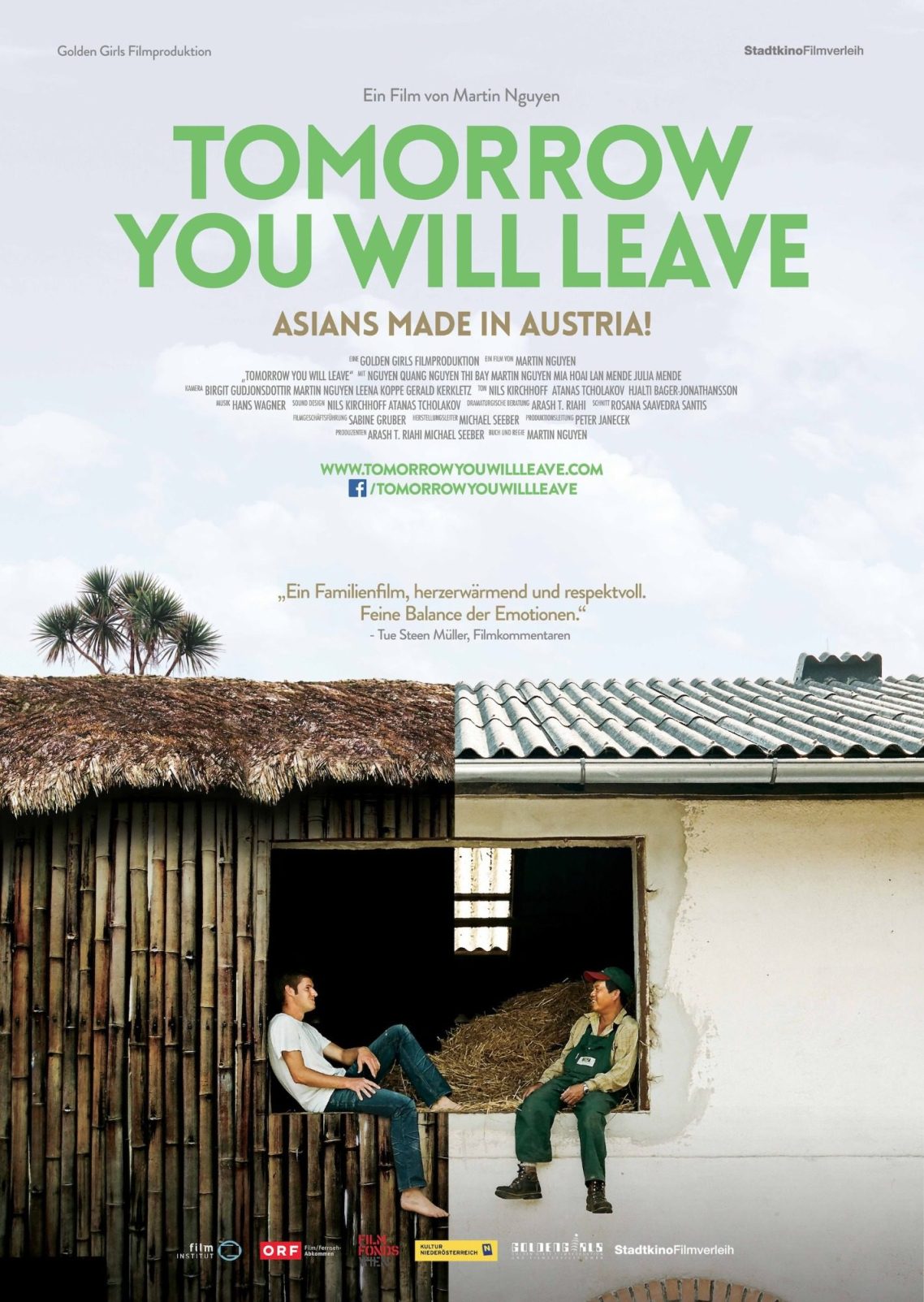 Plaket zum Film "Tomorrow You Will Leave" zeigt zwei Männer, die in einer Scheunenluke sitzen, die Beine baumeln heraus